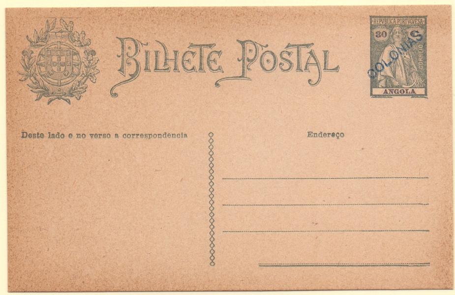 0270.jpg -     Lote:    270            Angola       Descrição:         1926 &mdash; Ceres. OM19, 30 c verde. Inteiro com sobrecarga "COLÓNIAS", batida a azul, aplicada em todos os 23 exemplares enviados pela UPU como mostruário e com destino ao Ministérios do Ultramar e para os arquivos das Direcções Postais das ex-colónias.        IN       Valor Base:     &euro; 40,00     Valor Venda:     &euro; 70,00     