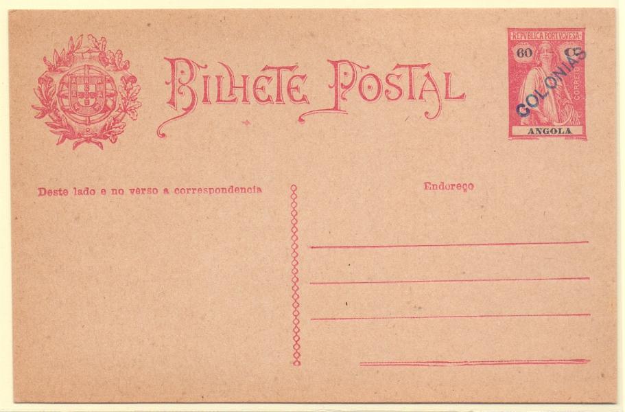 0271.jpg -     Lote:    271            Angola       Descrição:         1926 &mdash; Ceres. OM20, 60 c carmim rosa. Inteiro com sobrecarga "COLÓNIAS", batida a azul, aplicada em todos os 23 exemplares enviados pela UPU como mostruário e com destino ao Ministérios do Ultramar e para os arquivos das Direcções Postais das ex-colónias.        IN       Valor Base:     &euro; 40,00     Valor Venda:     &euro; 70,00     