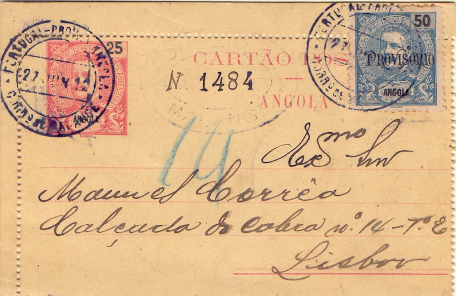 0272.jpg -     Lote:    272            Angola       Descrição:         1903/05 &mdash; D. Carlos I Mouchon. OM1, 25 reis carmim. Circulado registado de Malange (27.06.12) para Lisboa (05.08.12) com selo adicional de 50 reis CE77. Carimbo de dupla oval mal batido "CORREIO DE / MALANGE" a servir de marca de registo. Carimbo de duplo círculo, batido a preto "CORR.º DE MALANGE". MB e R.        IC       Valor Base:     &euro; 50,00     Valor Venda:     &euro; 50,00     
