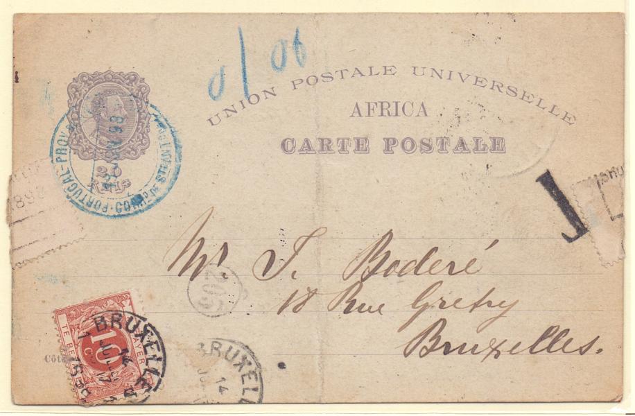 0273.jpg -     Lote:    273            Congo       Descrição:         1898 &mdash; 4.º Centenário do Descobrimento do Caminho Marítimo para a Índia. OM2B (Torre de Santa Maria de Belém), 20 reis. Circulado de S. António do Zaire (11.06.98) para Brixelas. Foi porteado à chegada com selo de 10c. Inteiro com dobra ao centro. MR.        IC       Valor Base:     &euro; 120,00     Valor Venda:     Retirado     
