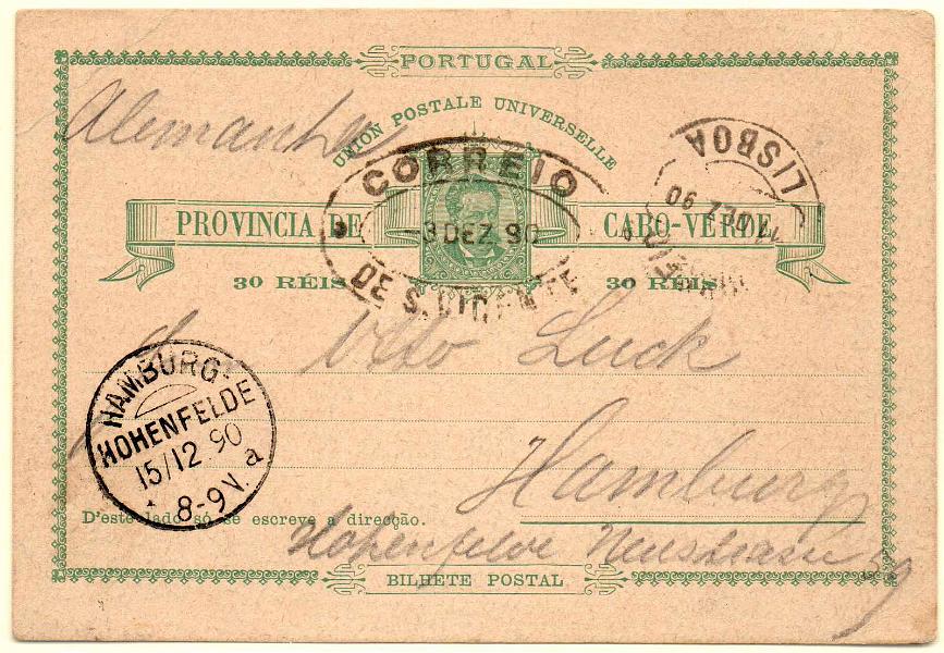 0276.jpg -     Lote:    276            Cabo Verde       Descrição:         1885 &mdash; D. Luís I. OM3, 30 reis verde sobre cartolina camurça. Circulado de S. Vicente (03.12.90) para Hamburgo (15.12.90).        IC       Valor Base:     &euro; 15,00     Valor Venda:     Retirado     