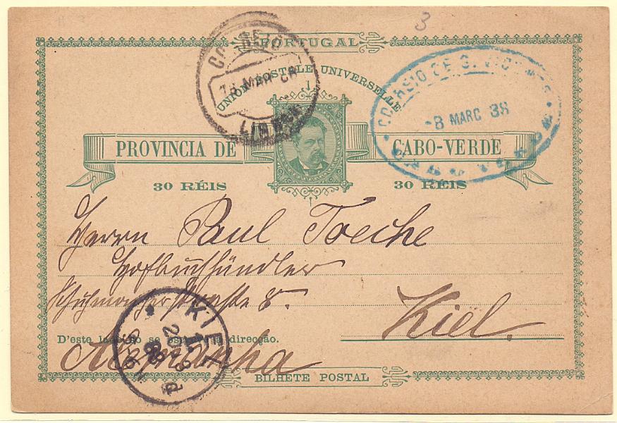 0277.jpg -     Lote:    277            Cabo Verde       Descrição:         1885 &mdash; D. Luís I. OM3. Circulado de S. Vicente (08.03.88) para Kiel (20.08.88). MB.        IC       Valor Base:     &euro; 8,00     Valor Venda:     Retirado     