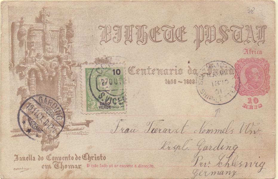 0278.jpg -     Lote:    278            Cabo Verde       Descrição:         1898 &mdash; 4.º Centenário do Descobrimento do Caminho Marítimo para a Índia. Emissão para África. OM1C, 10 reis. Circulado de S. Vicente (27.10.01) para a Alemanha (19.11.01) com trânsito por Southampton, com selo adicional de 10 reis CE39. MB.        IC       Valor Base:     &euro; 25,00     Valor Venda:     Retirado     