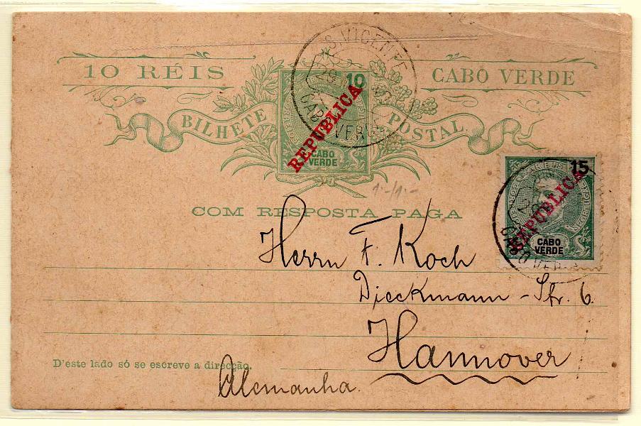 0280.jpg -     Lote:    280            Cabo Verde       Descrição:         1911 &mdash; D. Carlos I tipo Mouchon. CE12, 10+10 reis verde. Circulado com selos adicional de 15 reis D. Carlos I Mouchon CE89 de S. Vicente (29.03.12) para a Alemanha.        IC       Valor Base:     &euro; 20,00     Valor Venda:     Retirado     