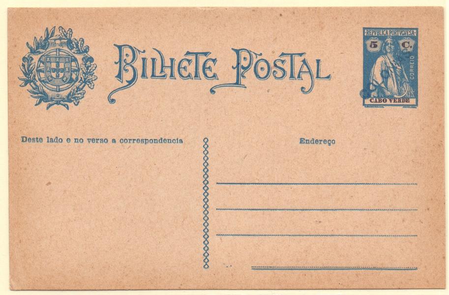 0281.jpg -     Lote:    281            Cabo Verde       Descrição:         1917/18 &mdash; Ceres. OM18, 5 c azul. Inteiro com sobrecarga "COLÓNIAS", batida a azul, aplicada em todos os 23 exemplares enviados pela UPU como mostruário e com destino ao Ministérios do Ultramar e para os arquivos das Direcções Postais das ex-colónias.        IN       Valor Base:     &euro; 40,00     Valor Venda:     Retirado     