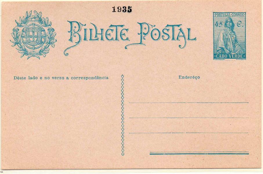 0282.jpg -     Lote:    282            Cabo Verde       Descrição:         1935 &mdash; Tipo Ceres. 45c azul, desenho de Constantino Fernandes e gravado por Arnaldo Fragoso. Inteiro não emitido tendo todos os exemplares presumivelmente sido inutilizados em Outubro de 1942, segundo Oliveira Marques. Inteiro provavelmente de arquivo com impressão da data de fabrico. MB e MR.        PRV       Valor Base:     &euro; 150,00     Valor Venda:     &euro; 260,00     