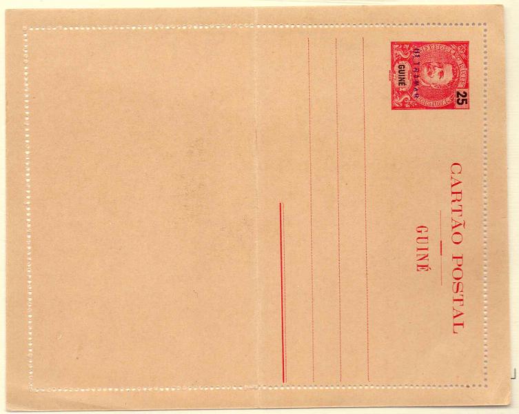 0283.jpg -     Lote:    283            Guiné       Descrição:         1903/05 &mdash; D. Carlos Mouchon. Bilhetes-cartas. OM1, 25 reis carmim, com sobrecarga a violeta "ULTRAMAR, aplicado no Ministério do Ultramar aos espécimes enviados pela UPU para as colónias portuguesas.        IN       Valor Base:     &euro; 40,00     Valor Venda:     Retirado     