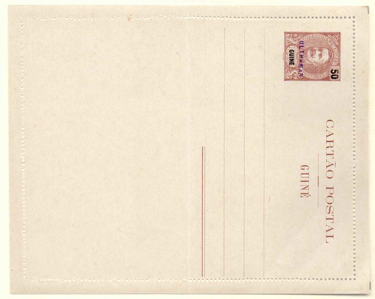 0284.jpg -     Lote:    284            Guiné       Descrição:         1903/05 &mdash; D. Carlos Mouchon. Bilhetes-cartas. OM2, 50 reis castanho, com sobrecarga a violeta "ULTRAMAR, aplicado no Ministério do Ultramar aos espécimes enviados pela UPU para as colónias portuguesas.        IN       Valor Base:     &euro; 40,00     Valor Venda:     Retirado     