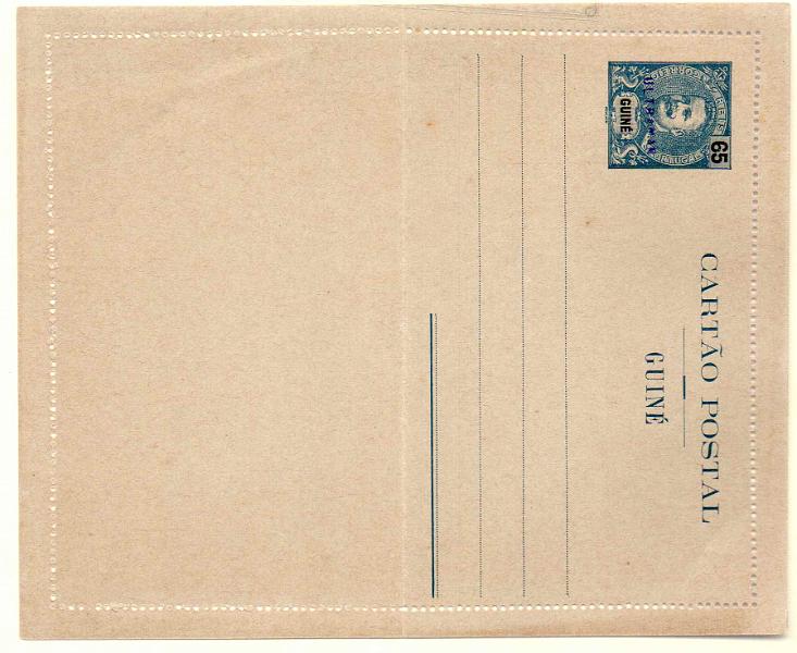 0285.jpg -     Lote:    285            Guiné       Descrição:         1903/05 &mdash; D. Carlos Mouchon. Bilhetes-cartas. OM3, 65 reis azul, com sobrecarga a violeta "ULTRAMAR, aplicado no Ministério do Ultramar aos espécimes enviados pela UPU para as colónias portuguesas.        IN       Valor Base:     &euro; 40,00     Valor Venda:     Retirado     