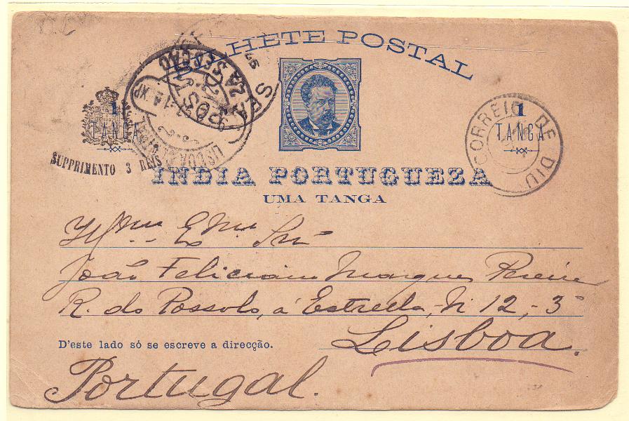 0286.jpg -     Lote:    286            Índia       Descrição:         1892 &mdash; D. Luís I, de frente com sobretaxa. OM6, 1T + 3 reis azul. Circulado de Diu (09.02.97) para Lisboa. Carimbo de duplo círculo pequeno "CORREIO DE DIU.        IC       Valor Base:     &euro; 12,00     Valor Venda:     Retirado     