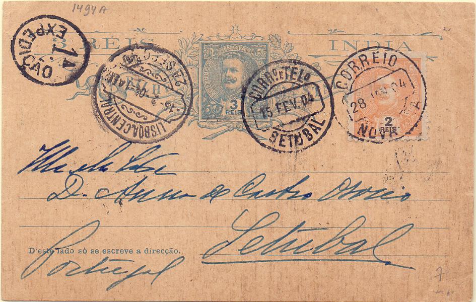0288.jpg -     Lote:    288            Índia       Descrição:         1903 &mdash; D. Carlos I Mouchon. OM11, 3 reis azul Circulado com selo adicional tipo D. Carlos I de 2 reis CE187, de Nova Goa (28.11.04) para Setúbal (15.02.04). Bem conservado.        IC       Valor Base:     &euro; 20,00     Valor Venda:     &euro; 22,00     