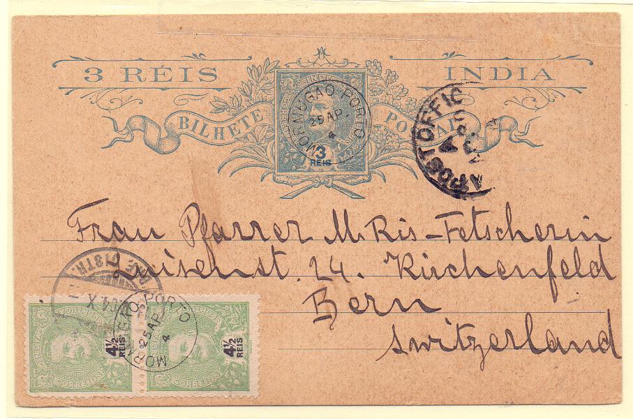 0289.jpg -     Lote:    289            Índia       Descrição:         1903 &mdash; D. Carlos I Mouchon. OM11, 3 reis. Circulado com selos adicionais de 4 &frac12; reis (para) CE156 de Mormugão (25.04.04) para a Suíça (13.05.04). Carimbo batido a preto, tipo "Thimble" "MORMUGÃO-PORTO". MB e R        IC       Valor Base:     &euro; 40,00     Valor Venda:     Retirado     