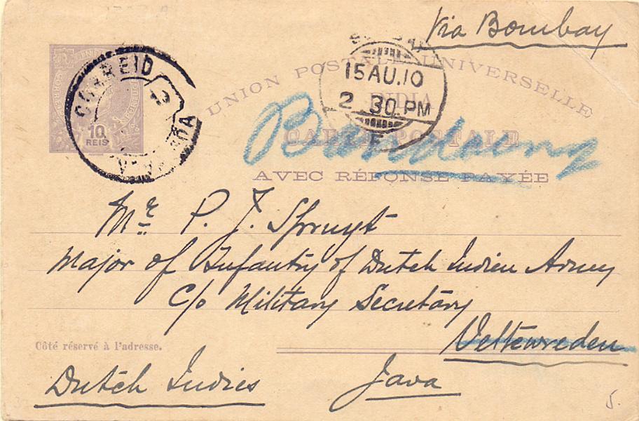 0290.jpg -     Lote:    290            Índia       Descrição:         1905 &mdash; D. Carlos I Mouchon. OM20, 10+10 reis lilás. Primeira folha circulada de Nova Goa (14.10.10) para Java, com trânsito por Bombaim (15.08.10) e reexpedido para Bandung. B e MR destino.        IC       Valor Base:     &euro; 30,00     Valor Venda:     &euro; 75,00     