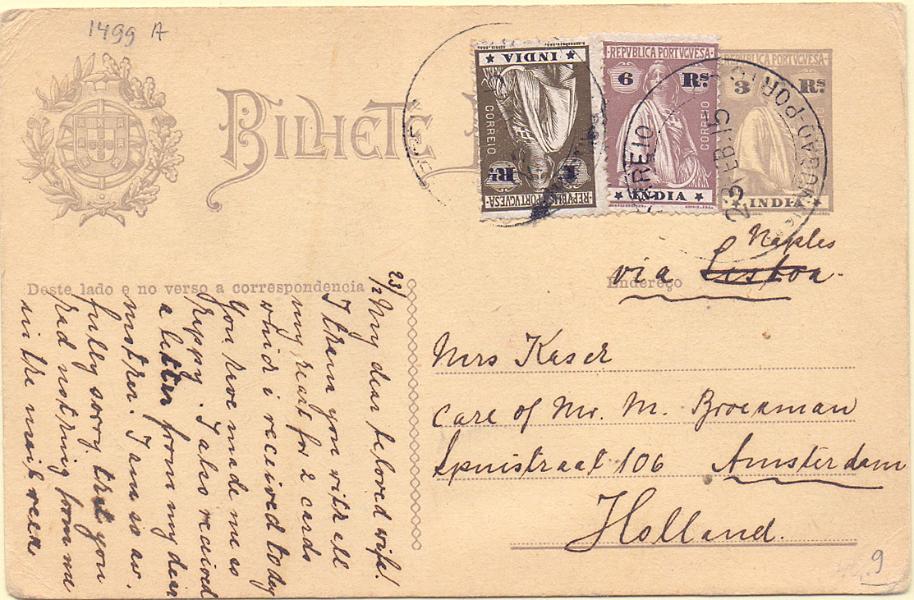 0291.jpg -     Lote:    291            Índia       Descrição:         1914 &mdash; Ceres. OM29, 3 reis violeta, estrelas tipo II/II. Circulado com selos adicionais de 1 real CE254 e 6 reis CE261, de Mormugão-Porto (23.02.15) para a Holanda. Carimbo de duplo círculo batido a preto de "MORMUGÃO.PORTO". MB.        IC       Valor Base:     &euro; 25,00     Valor Venda:     Retirado     