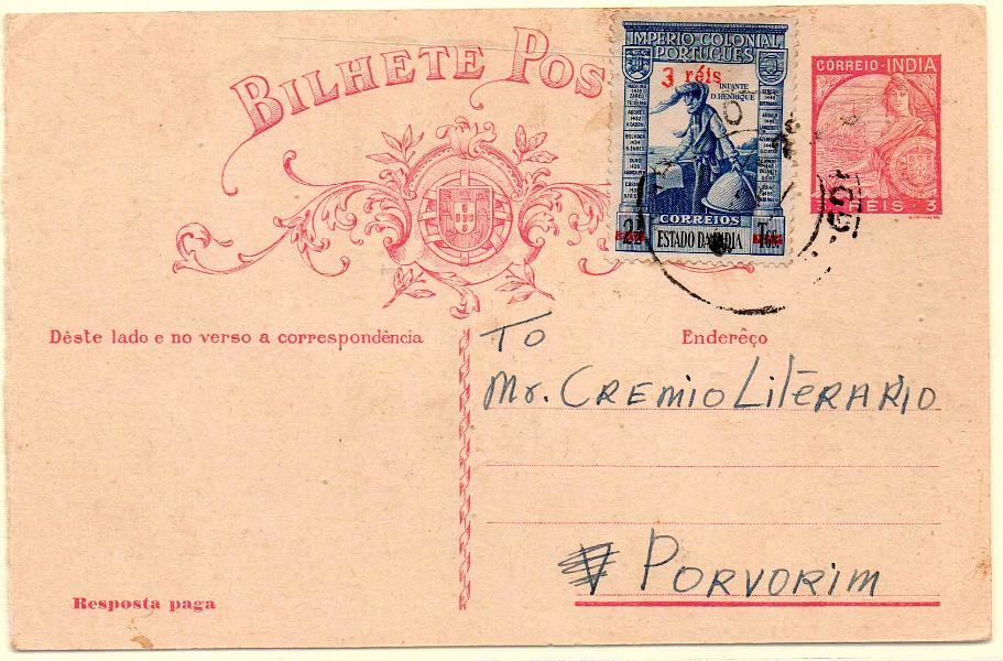 0295.jpg -     Lote:    295            Índia       Descrição:         1934 &mdash; Padrões. OM40, 3+3 reis. Resposta paga circulada de Nova Goa para Porvorim (05.02.39) com selo adicional de 3 reis CE403.         IC       Valor Base:     &euro; 10,00     Valor Venda:     Retirado     