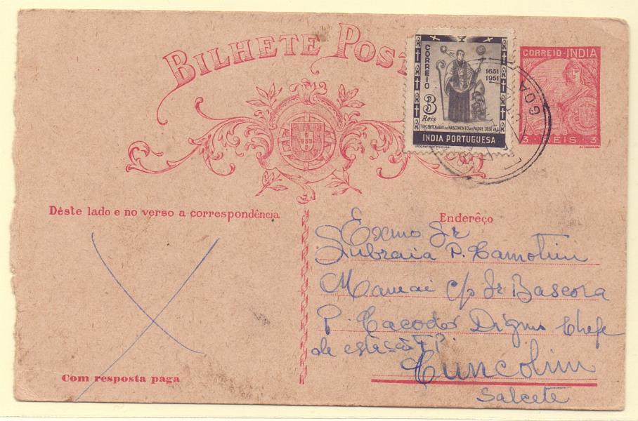 0296.jpg -     Lote:    296            Índia       Descrição:         1934 &mdash; Padrões. OM40, 3+3c carmim. Primeira folha circulada com selo adicional de 3 reis CE418, de Goa (29.05.53) para Cuncolim.        IC       Valor Base:     &euro; 10,00     Valor Venda:     Retirado     