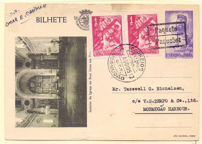 0297.jpg -     Lote:    297            Índia       Descrição:         1946 &mdash; Tipo Motivos Históricos. OM41C (Interior da Igreja do Bom Jesus em Goa em verde-negro), 7 reis. Circulado com dois selos adicionais de 1 real CE407, e lançado a bordo do paquete Omar E. Chapman para Mormugão (20.08.51). carimbo batido a preto "PAQUETE / PAQUEBOT".        IC       Valor Base:     &euro; 20,00     Valor Venda:     &euro; 20,00     