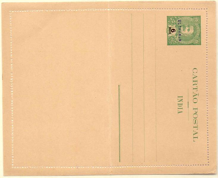 0299.jpg -     Lote:    299            Índia       Descrição:         1903/05 &mdash; D. Carlos Mouchon. Bilhetes-cartas. OM1, 6 reis verde, com sobrecarga a violeta "ULTRAMAR, aplicado no Ministério do Ultramar aos espécimes enviados pela UPU para as colónias portuguesas.        IN       Valor Base:     &euro; 40,00     Valor Venda:     &euro; 50,00     