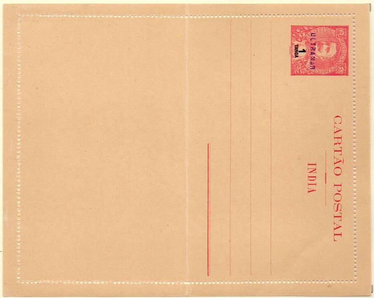 0300.jpg -     Lote:    300            Índia       Descrição:         1903/05 &mdash; D. Carlos Mouchon. Bilhetes-cartas. OM2, 1 Tanga carmim, com sobrecarga a violeta "ULTRAMAR, aplicado no Ministério do Ultramar aos espécimes enviados pela UPU para as colónias portuguesas.        IN       Valor Base:     &euro; 40,00     Valor Venda:     &euro; 50,00     