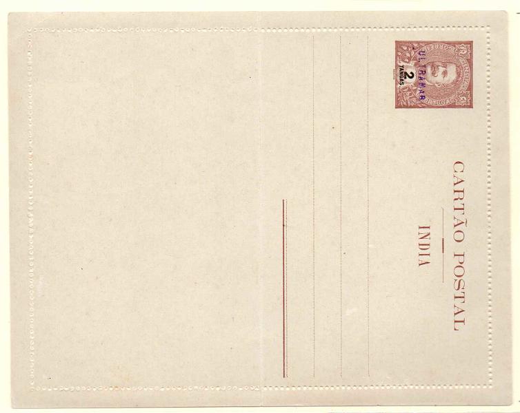 0301.jpg -     Lote:    301            Índia       Descrição:         1903/05 &mdash; D. Carlos Mouchon. Bilhetes-cartas. OM3, 2 Tanga s castanho, com sobrecarga a violeta "ULTRAMAR, aplicado no Ministério do Ultramar aos espécimes enviados pela UPU para as colónias portuguesas.        IN       Valor Base:     &euro; 40,00     Valor Venda:     &euro; 55,00     