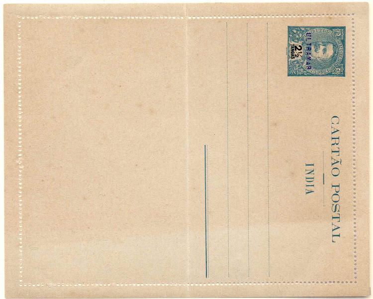 0302.jpg -     Lote:    302            Índia       Descrição:         1903/05 &mdash; D. Carlos Mouchon. Bilhetes-cartas. OM4, 2 &frac12; Tangas azul, com sobrecarga a violeta "ULTRAMAR, aplicado no Ministério do Ultramar aos espécimes enviados pela UPU para as colónias portuguesas.        IN       Valor Base:     &euro; 40,00     Valor Venda:     &euro; 50,00     