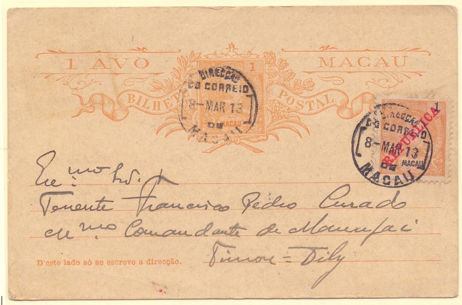 0303.jpg -     Lote:    303            Macau       Descrição:         1903 &mdash; D. Carlos I Mouchon. OM4, 1 avo laranja. Circulado de Macau (08.03.13) para Timor, com selo adicional tipo D. Carlos I Mouchon de 1 avo CE78. Rara circulação. MB.        IC       Valor Base:     &euro; 30,00     Valor Venda:     &euro; 46,00     