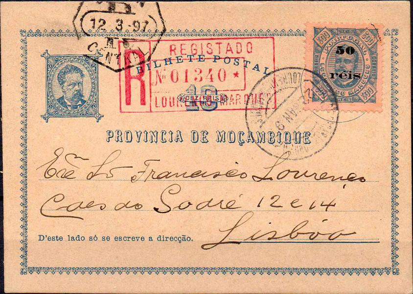 0306.jpg -     Lote:    306            Moçambique       Descrição:         1885 &mdash; D. Luís I. OM1, 10 reis. Circulado registado de Lourenço Marques (22.01.97) para Lisboa (12.03.97), com selo adicional de 50 reis s/ 300 reis CE31. MB.        IC       Valor Base:     &euro; 40,00     Valor Venda:     Retirado     