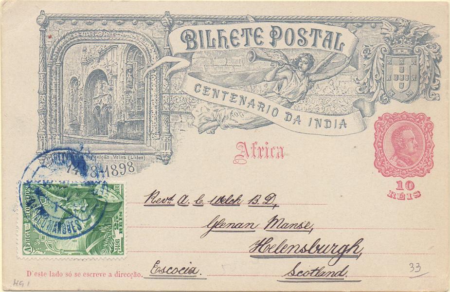 0307.jpg -     Lote:    307            Moçambique       Descrição:         1898 &mdash; 4.º Centenário do Descobrimento do Caminho Marítimo para a Índia. Emissão para África. OM1F, 10 reis. Circulado de L. Marques (28.05.98) com selo adicional de 25 reis do Centenário da Índia. B.        IC       Valor Base:     &euro; 15,00     Valor Venda:     &euro; 15,00     