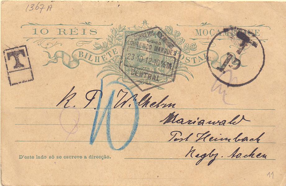 0308.jpg -     Lote:    308            Moçambique       Descrição:         1903 &mdash; D. Carlos I Mouchon. OM4, 10 reis verde. Circulado de L. Marques (23.10.12) para Inglaterra. Porteado em 1d por insuficiência de franquia.        IC       Valor Base:     &euro; 22,00     Valor Venda:     Retirado     