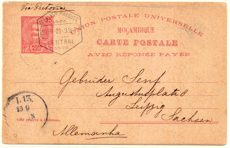 0309.jpg -     Lote:    309            Moçambique       Descrição:         1903 &mdash; D. Carlos I Mouchon. OM9, 25+25 reis carmim, cartolina creme, circulado de Lourenço Marques (22.08.03) para a Alemanha (13.09.03) via Pretória. B e R.        IC       Valor Base:     &euro; 40,00     Valor Venda:     Retirado     