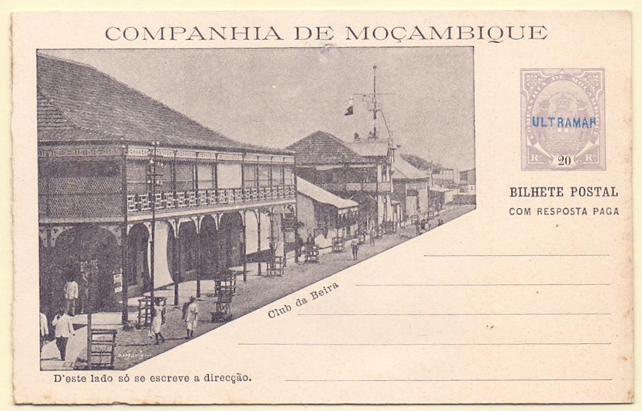 0310.jpg -     Lote:    310            Companhia de Moçambique       Descrição:         1904 &mdash; Tipo Elefantes. OM12A (Clube da Beira), 20+20 reis violeta. Inteiro com sobrecarga "ULTRAMAR", batida a violeta, aplicada em todos os 23 exemplares enviados pela UPU como mostruário e com destino ao Ministérios do Ultramar e para os arquivos das Direcções Postais das ex-colónias.        IN       Valor Base:     &euro; 50,00     Valor Venda:     &euro; 50,00     