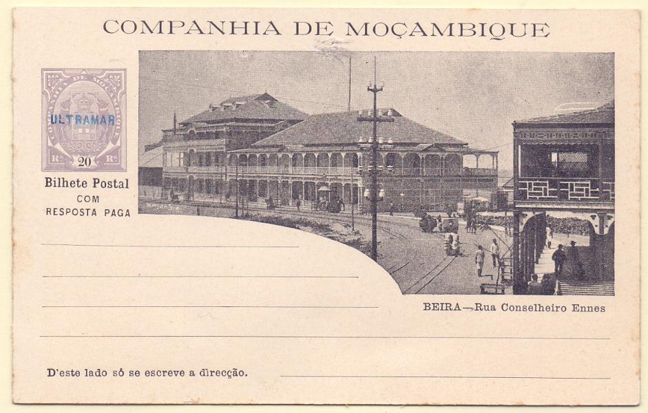 0311.jpg -     Lote:    311            Companhia de Moçambique       Descrição:         1904 &mdash; Tipo Elefantes. OM12B (Rua Conselheiro Ennes), 20+20 reis violeta. Inteiro com sobrecarga "ULTRAMAR", batida a violeta, aplicada em todos os 23 exemplares enviados pela UPU como mostruário e com destino ao Ministérios do Ultramar e para os arquivos das Direcções Postais das ex-colónias.        IN       Valor Base:     &euro; 50,00     Valor Venda:     &euro; 50,00     