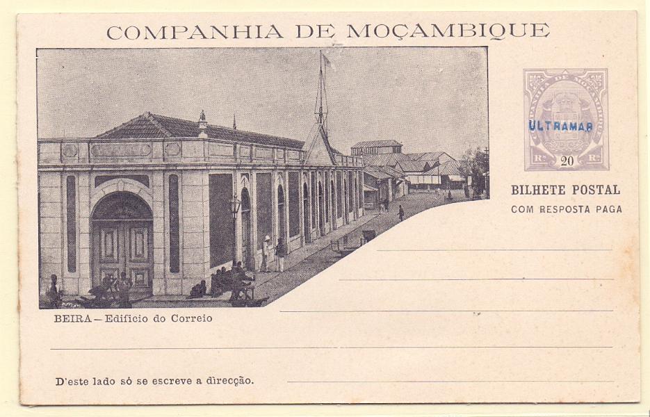 0312.jpg -     Lote:    312            Companhia de Moçambique       Descrição:         1904 &mdash; Tipo Elefantes. OM12D (Beira &mdash; Edifício dos Correios), 20+20 reis violeta. Inteiro com sobrecarga "ULTRAMAR", batida a violeta, aplicada em todos os 23 exemplares enviados pela UPU como mostruário e com destino ao Ministérios do Ultramar e para os arquivos das Direcções Postais das ex-colónias.        IN       Valor Base:     &euro; 50,00     Valor Venda:     &euro; 50,00     