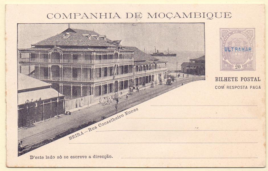 0313.jpg -     Lote:    313            Companhia de Moçambique       Descrição:         1904 &mdash; Tipo Elefantes, selo à esquerda. OM12I (Rua Conselheiro Ennes), 20+20 reis violeta. Inteiro com sobrecarga "ULTRAMAR", batida a violeta, aplicada em todos os 23 exemplares enviados pela UPU como mostruário e com destino ao Ministérios do Ultramar e para os arquivos das Direcções Postais das ex-colónias.        IN       Valor Base:     &euro; 50,00     Valor Venda:     &euro; 50,00     