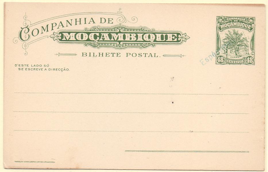 0314.jpg -     Lote:    314            Companhia de Moçambique       Descrição:         1917/18 &mdash; Motivos locais (COPRA). OM34, 48 c verde. Inteiro com sobrecarga "ESPECIMEN", batida a verde, aplicada em todos os 23 exemplares enviados pela UPU como mostruário e com destino ao Ministérios das Colónias e para os arquivos das Direcções Postais das ex-colónias.        IN       Valor Base:     &euro; 40,00     Valor Venda:     Retirado     