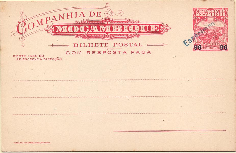 0316.jpg -     Lote:    316            Companhia de Moçambique       Descrição:         1917/18 &mdash; Motivos locais, com sobretaxa (GADO). OM37, 96+96c s/ 60+60c carmim. Inteiro com sobrecarga "ESPECIMEN", batida a verde, aplicada em todos os 23 exemplares enviados pela UPU como mostruário e com destino ao Ministérios das Colónias e para os arquivos das Direcções Postais das ex-colónias.        IN       Valor Base:     &euro; 50,00     Valor Venda:     &euro; 50,00     