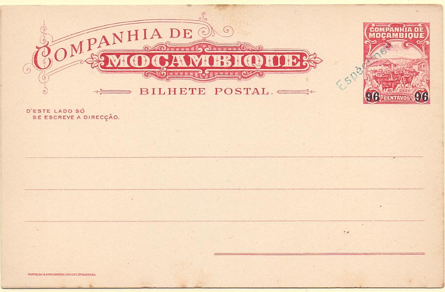 0317.jpg -     Lote:    317            Companhia de Moçambique       Descrição:         1917/18 &mdash; Motivos locais, com sobretaxa (GADO). OM35, 96c s/ 60c carmim. Inteiro com sobrecarga "ESPECIMEN", batida a verde, aplicada em todos os 23 exemplares enviados pela UPU como mostruário e com destino ao Ministérios das Colónias e para os arquivos das Direcções Postais das ex-colónias.        IN       Valor Base:     &euro; 40,00     Valor Venda:     &euro; 40,00     