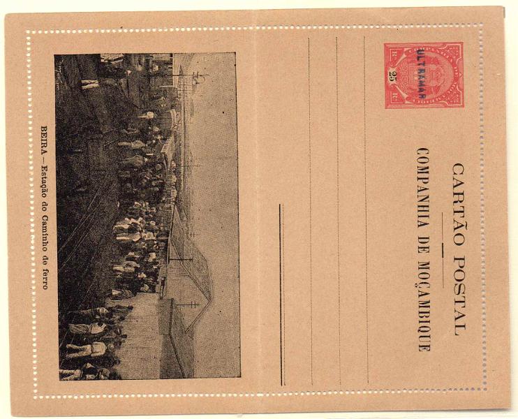 0318.jpg -     Lote:    318            Companhia de Moçambique       Descrição:         1904 &mdash; Tipo Elefantes, com gravuras no verso. Bilhetes-cartas. OM1A, 25 reis carmim * BEIRA &mdash; Rua Conselheiro Castilho", com sobrecarga a azul "ULTRAMAR, aplicado no Ministério do Ultramar aos espécimes enviados pela UPU para as colónias portuguesas.        IN       Valor Base:     &euro; 40,00     Valor Venda:     &euro; 50,00     