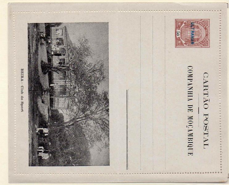 0320.jpg -     Lote:    320            Companhia de Moçambique       Descrição:         1904 &mdash; Tipo Elefantes, com gravuras no verso. Bilhetes-cartas. OM2A, 50 reis castanho * BEIRA &mdash; Rua Conselheiro Castilho, com sobrecarga a azul "ULTRAMAR, aplicado no Ministério do Ultramar aos espécimes enviados pela UPU para as colónias portuguesas.        IN       Valor Base:     &euro; 40,00     Valor Venda:     Retirado     