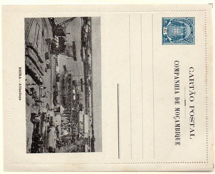 0321.jpg -     Lote:    321            Companhia de Moçambique       Descrição:         1904 &mdash; Tipo Elefantes, com gravuras no verso. Bilhetes-cartas. OM2C, 50 reis castanho * BEIRA &mdash; Clube Sport, com sobrecarga a azul "ULTRAMAR, aplicado no Ministério do Ultramar aos espécimes enviados pela UPU para as colónias portuguesas.        IN       Valor Base:     &euro; 40,00     Valor Venda:     &euro; 60,00     