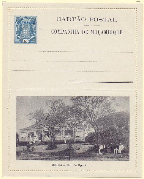 0322.jpg -     Lote:    322            Companhia de Moçambique       Descrição:         1904 &mdash; Tipo Elefantes, com gravuras no verso. Bilhetes-cartas. OM3C, 65 reis azul * BEIRA &mdash; Clube Sport, com sobrecarga a azul "ULTRAMAR, aplicado no Ministério do Ultramar aos espécimes enviados pela UPU para as colónias portuguesas.        IN       Valor Base:     &euro; 40,00     Valor Venda:     &euro; 110,00     