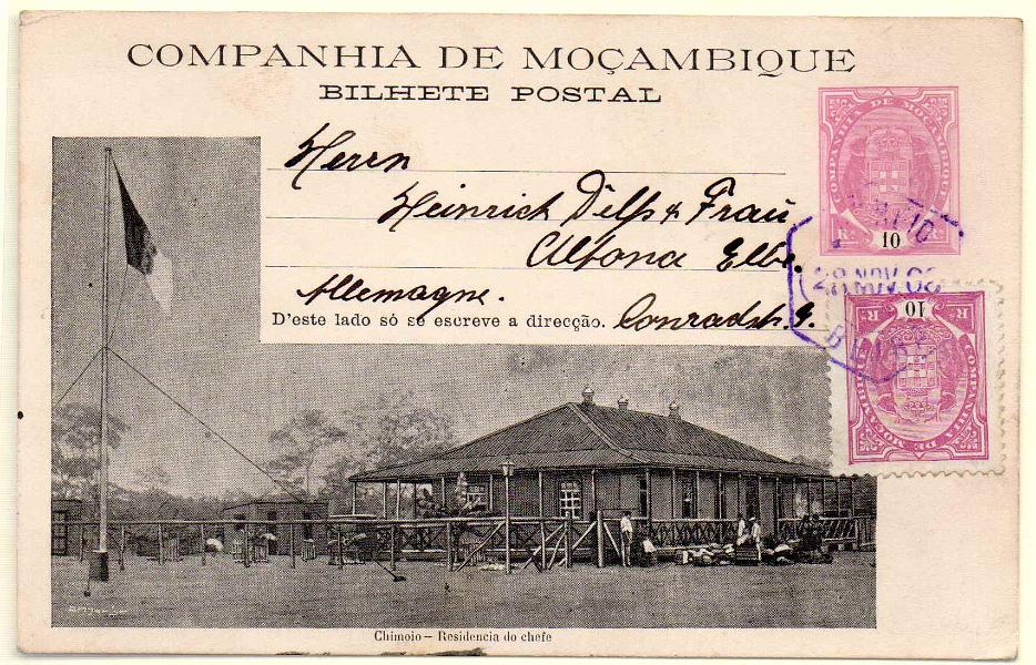 0325.jpg -     Lote:    325            Companhia de Moçambique       Descrição:         1904 &mdash; Selo tipo Elefantes. OM9H (Chimoio &mdash; Residência do chefe). Circulado com selo adicional CE31 da Beira (28.11.08) para a Alemanha).        IC       Valor Base:     &euro; 20,00     Valor Venda:     Retirado     