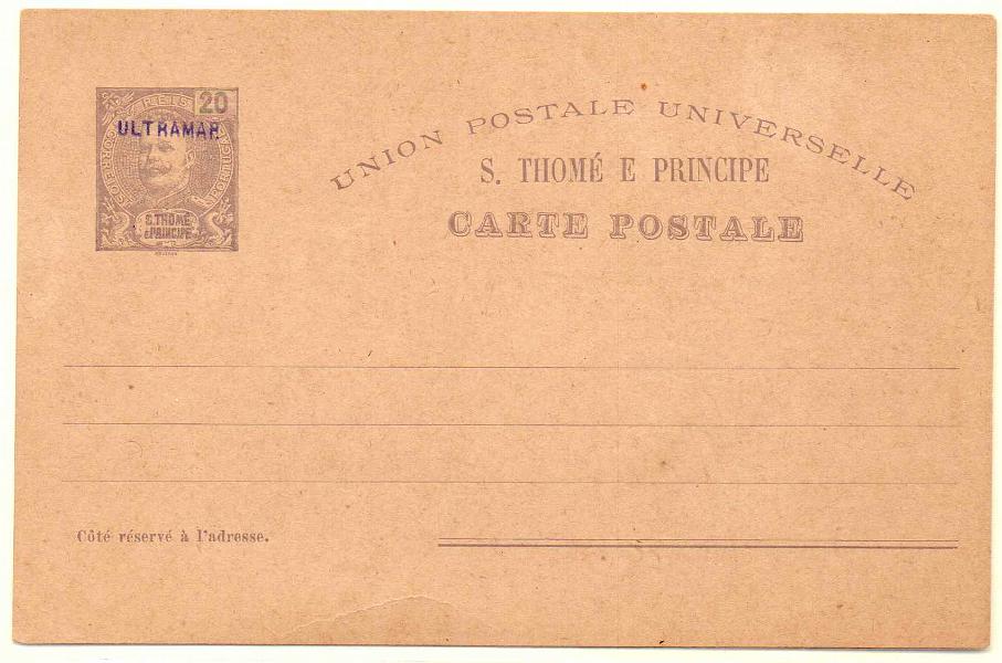 0326.jpg -     Lote:    326            S. Tomé e Príncipe       Descrição:         1905 &mdash; D. Carlos Mouchon. OM8, 20 reis, com sobrecarga a violeta "ULTRAMAR, aplicado no Ministério do Ultramar aos espécimes enviados pela UPU para as colónias portuguesas.        IN       Valor Base:     &euro; 40,00     Valor Venda:     Retirado     