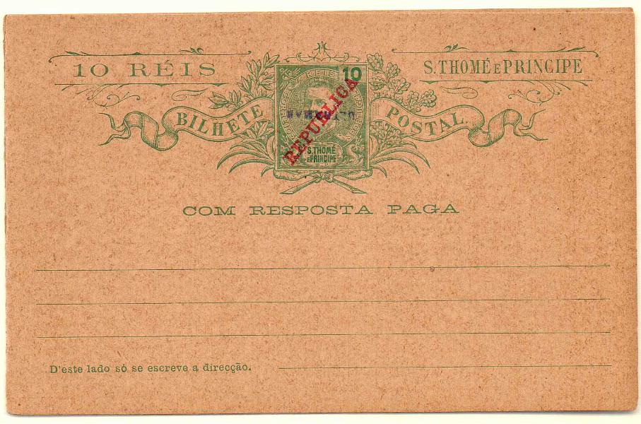 0328.jpg -     Lote:    328            S. Tomé e Príncipe       Descrição:         1911 &mdash; D. Carlos Mouchon, com sobrecarga REPUBLICA da Casa da Moeda. OM12, 10+10 reis, com sobrecarga a violeta "ULTRAMAR, aplicado no Ministério do Ultramar aos espécimes enviados pela UPU para as colónias portuguesas.        IN       Valor Base:     &euro; 40,00     Valor Venda:     Retirado     