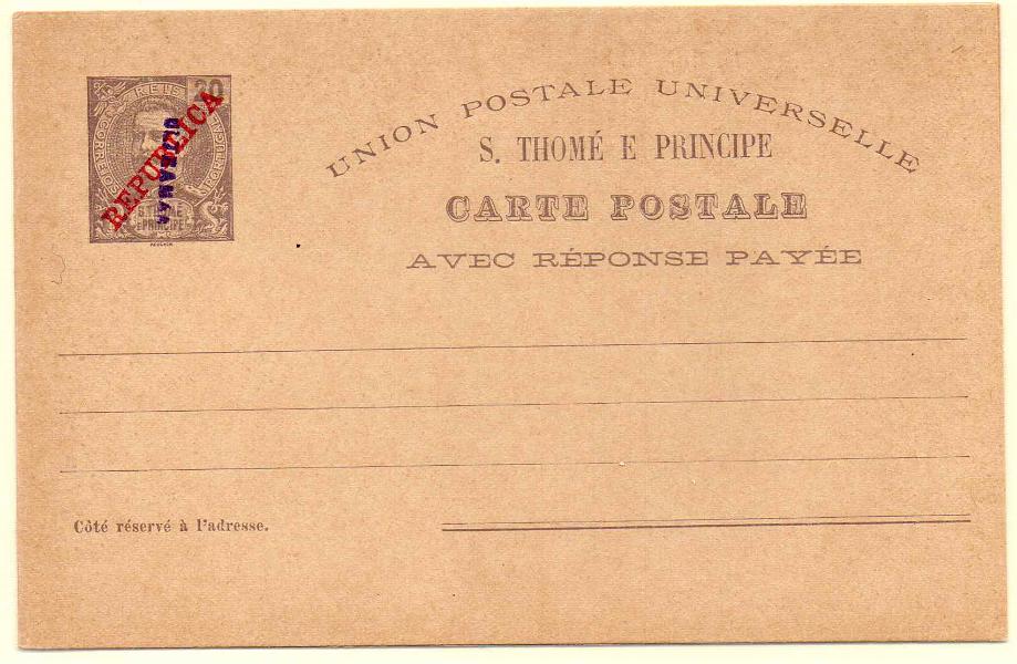 0329.jpg -     Lote:    329            S. Tomé e Príncipe       Descrição:         1911 &mdash; D. Carlos Mouchon, com sobrecarga REPUBLICA da Casa da Moeda. OM13, 20+20 reis, com sobrecarga a violeta "ULTRAMAR, aplicado no Ministério do Ultramar aos espécimes enviados pela UPU para as colónias portuguesas.        IN       Valor Base:     &euro; 40,00     Valor Venda:     Retirado     