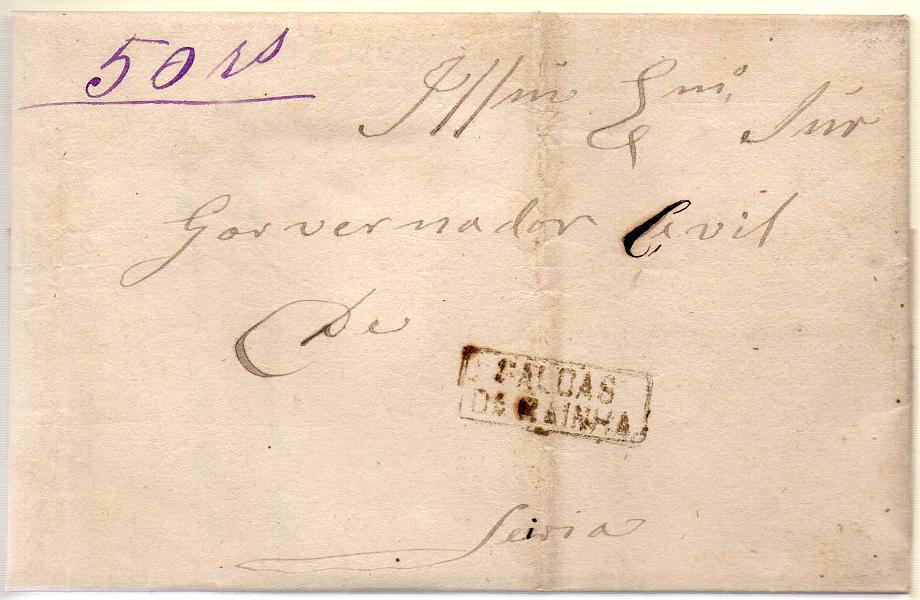 0330.jpg -     Lote:    330            Portugal       Descrição:         Porteado * 2.º período. Carta circulada das Caldas (25.08.1877) para Lisboa sem franquia, e porteada no dobro do porte em falta, com selo fixo manuscrito a azul de 50 reis. Carimbo nominativo a sépia das "CALDAS DA RAINHA". B.        Carta       Valor Base:     &euro; 25,00     Valor Venda:     Retirado     