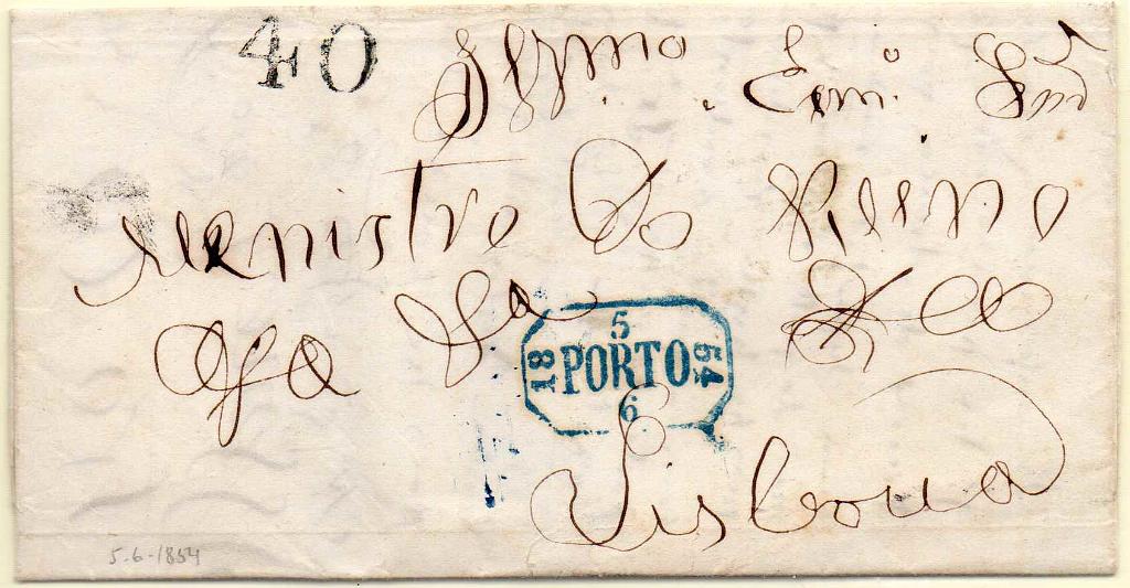 0332.jpg -     Lote:    332            Portugal       Descrição:         1854 &mdash; Porteado. Primeiro período * 2.ª tabela. Carta remetida do Porto (05.06.54) para Lisboa com porte a pagar. Foi porteada em 40 reis. Selo fixo batido a preto. Carimbo datado do período pré-adesivo do PORTO, batido a azul.         Carta       Valor Base:     &euro; 10,00     Valor Venda:     Retirado     