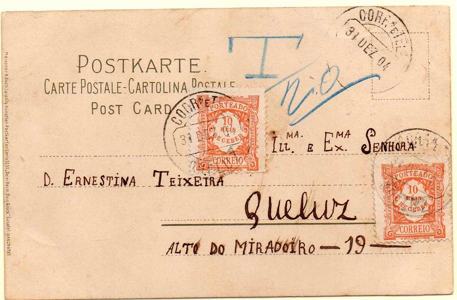 0335.jpg -     Lote:    335            Portugal       Descrição:         1904 &mdash; Porteado. Emissão regular. Valor em reis. Postal ilustrado circulado de Lisboa (31.01.04) para Queluz, sem franquia. Foi porteado no dobro do porte em falta com dois selos de 10 reis, laranja, CE POR7. MB.        PI       Valor Base:     &euro; 10,00     Valor Venda:     &euro; 10,00     
