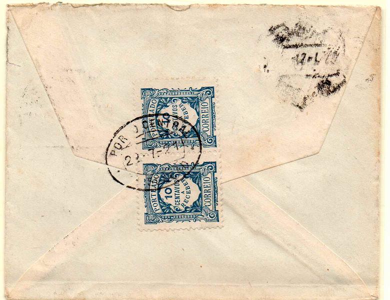 0341.jpg -     Lote:    341            Portugal       Descrição:         1915 &mdash; Porteado. Emissão regular. Valor em centavos. Sobrescrito circulado de Moncorvo (20.07.21) para o Porto (21.07.21) sem franquia. Porteado no dobro do porte em falta com dois selos de 10c CE POR27.        Carta       Valor Base:     &euro; 10,00     Valor Venda:     Retirado     