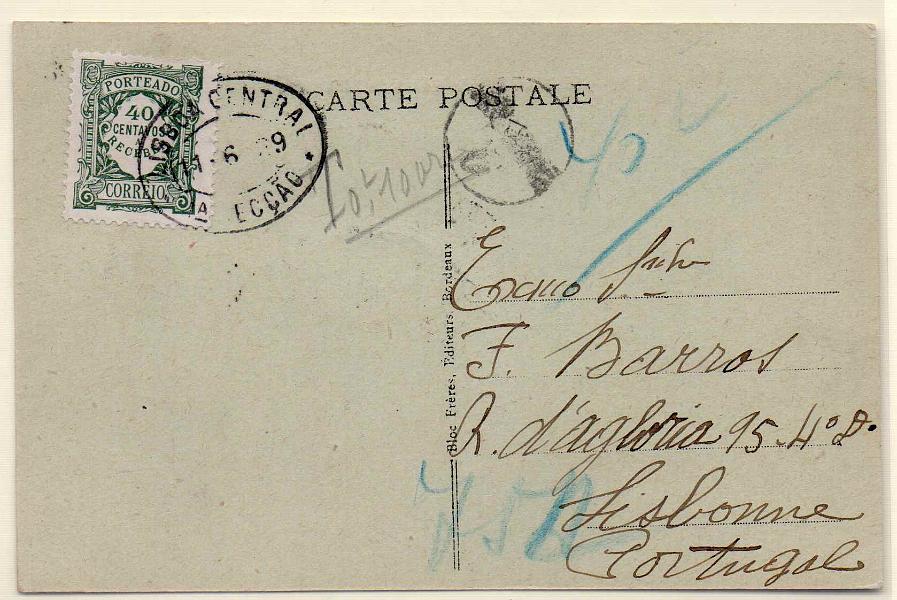 0345.jpg -     Lote:    345            Portugal       Descrição:         1922/27 &mdash; Porteado. Emissão regular. Unicolor. Postal ilustrado circulado de França (08.06.39) para Lisboa com selo de 15c. Insuficientemente franquiado em 20c foi porteado com o dobro do porte em falta com selo e 40c CE POR38.        PI       Valor Base:     &euro; 10,00     Valor Venda:     Retirado     